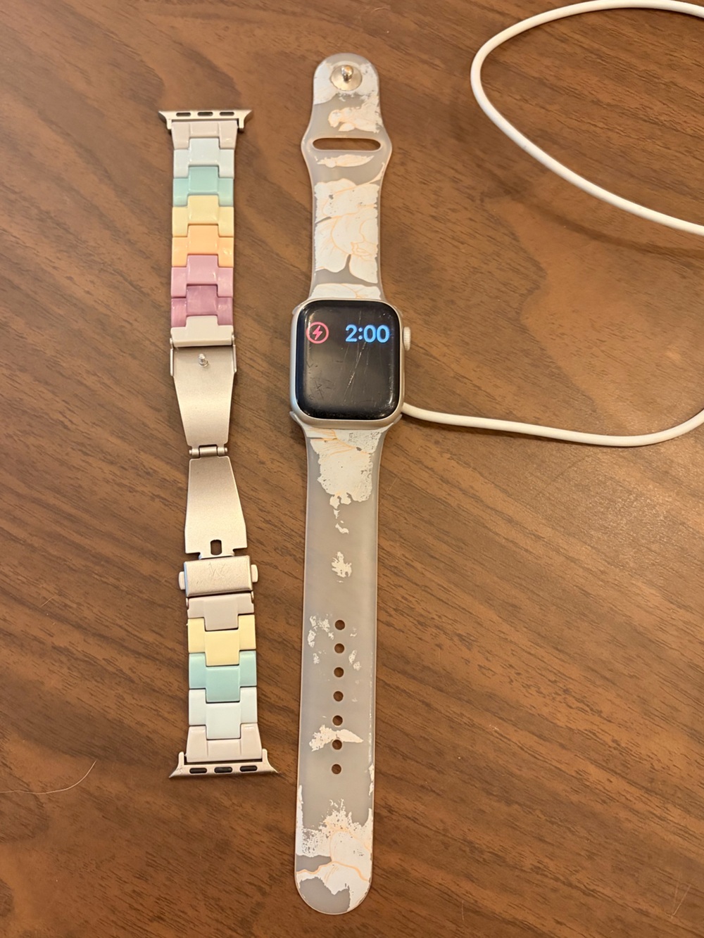 Apple Series 7 Smartwatch with Pastel Link Band and Gray Silicone Strap